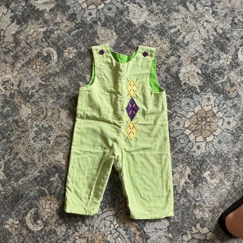 Le Za Me Baby 6M Reversible Mardi Gras Fleur de Lis Green Gingham Romper